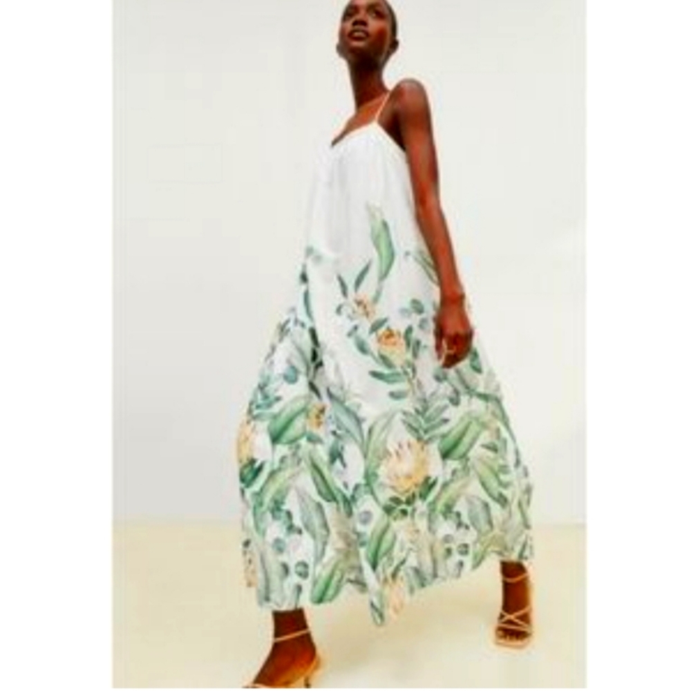 H&M Voluminous Ivory Linen Blend Midi Dress. Size: Small.